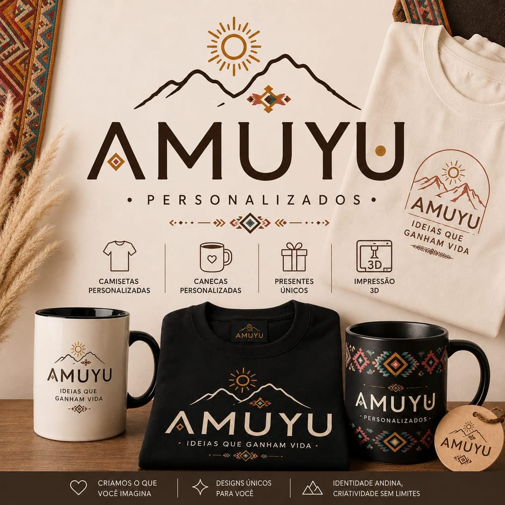 Composição com camiseta, canecas e chaveiro personalizados da Amuyu