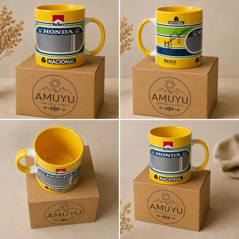 Caneca amarela personalizada com a arte de um capacete de corrida, apresentada sobre a caixa de presente da Amuyu