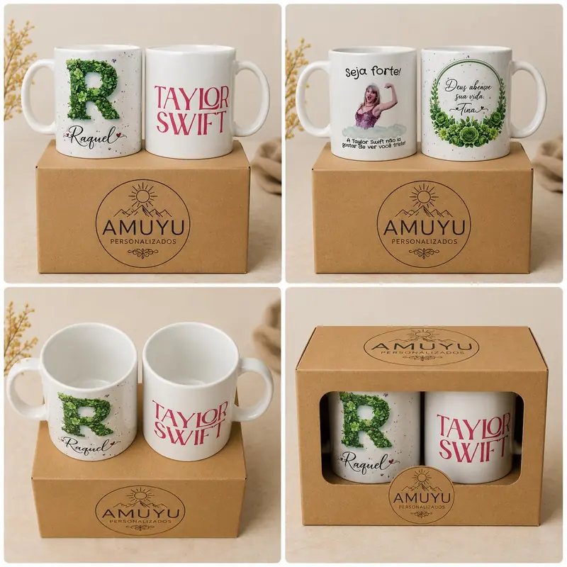 Canecas personalizadas com a inicial do nome desenhada em folhagem e com o nome de uma cantora, apoiadas sobre caixas de presente da Amuyu