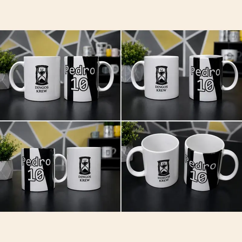 Caneca com ilustração autoral e caneca listrada personalizada com nome e número, vistas de vários ângulos