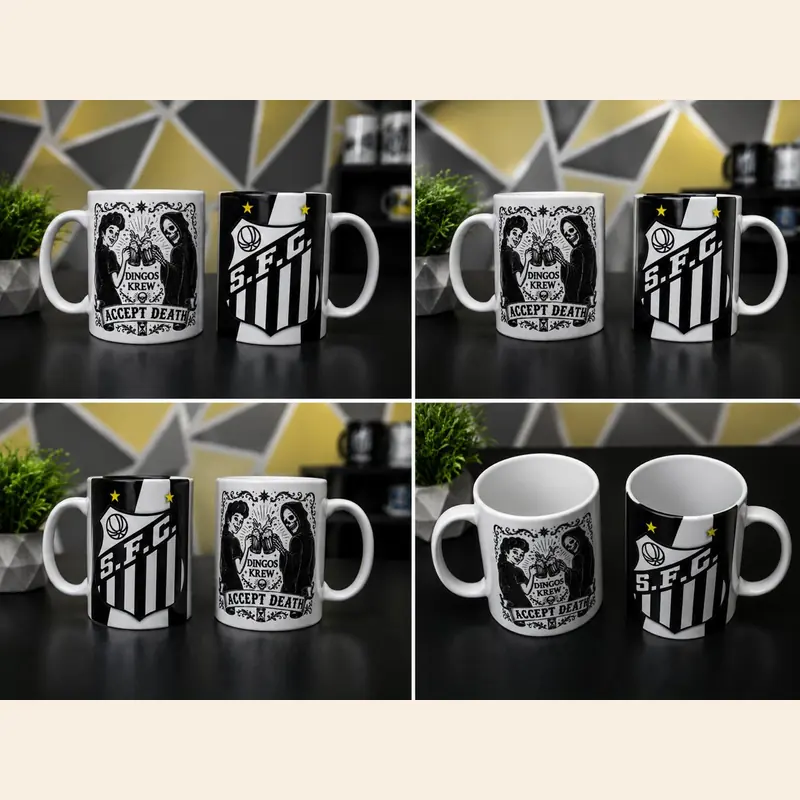 Caneca com escudo de time de futebol e caneca com ilustração autoral em preto e branco, vistas de vários ângulos